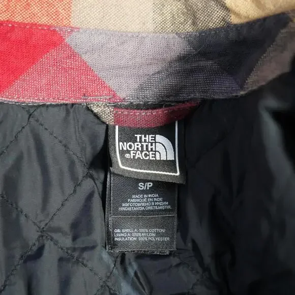 The North Face Plaid Quilted lined Flannel Shirt Jacket S Red Gray Tan Snap - Picture 3 of 8